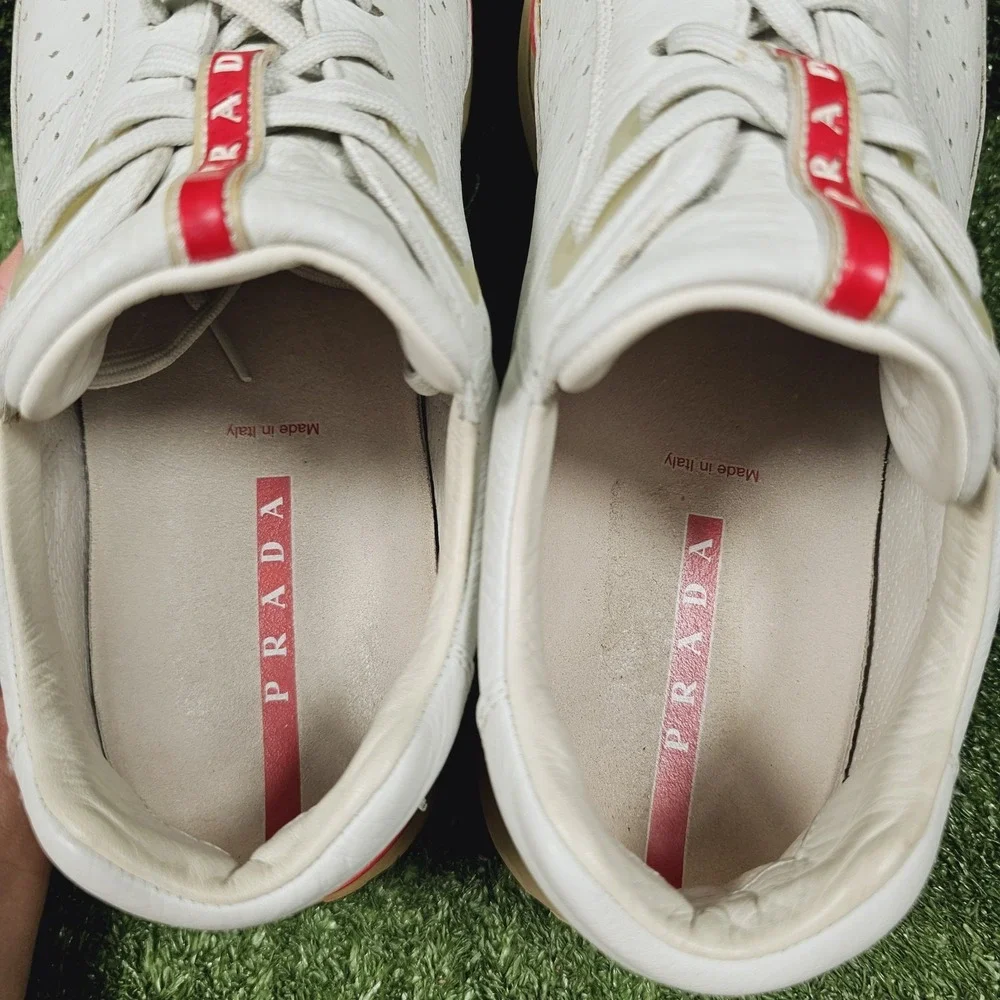 Prada Vintage American Cup Geometric White Leather Sneakers Mens Size 9.5
